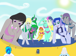 Size: 3108x2297 | Tagged: safe, artist:final7darkness, character:bon bon, character:derpy hooves, character:dj pon-3, character:doctor whooves, character:lyra heartstrings, character:mane-iac, character:maud pie, character:octavia melody, character:photo finish, character:pinkie pie, character:princess luna, character:sunset shimmer, character:sweetie drops, character:time turner, character:vice principal luna, character:vinyl scratch, my little pony:equestria girls, beach, belly button, big bon, bikini, clothing, electro orb, equestria girls-ified, giantess, macro, request, requested art, swimsuit, tardis, vice principal luna