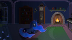 Size: 2560x1440 | Tagged: safe, artist:regolithx, character:princess luna, book, clock, female, fire, fireplace, musical instrument, night, piano, solo