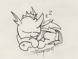 Size: 1237x931 | Tagged: safe, artist:shikogo, species:changeling, cute, cuteling, eyes closed, monochrome, prone, sleeping, smiling, solo, zzz