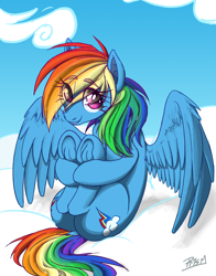 Size: 1998x2548 | Tagged: safe, artist:prismspark, character:rainbow dash, both cutie marks, cute, dashabetes, dock, female, frog (hoof), grin, holding legs, hoofbutt, legs in air, looking at you, plot, sitting, smiling, solo, spread wings, underhoof, wings