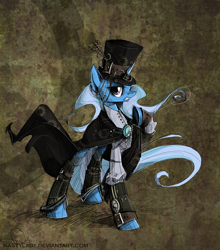 Size: 800x910 | Tagged: safe, artist:nastylady, character:trixie, species:pony, species:unicorn, abstract background, cloak, clothing, female, hat, mare, raised hoof, solo, steampunk, top hat