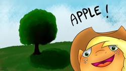 Size: 1920x1080 | Tagged: safe, artist:katsu, character:applejack, apple, apple tree, appul, clothing, cloud, cloudy, female, hat, parody, solo, tree