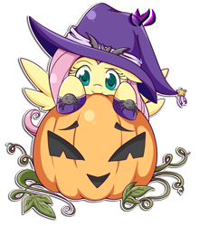 Size: 700x796 | Tagged: safe, artist:raininess, character:fluttershy, clothing, costume, female, hat, horseshoes, jack-o-lantern, pumpkin, simple background, solo, transparent background, witch hat