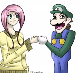 Size: 3000x2820 | Tagged: safe, artist:tao-mell, character:fluttershy, awesome face, brofist, clothing, crossover, high res, humanized, luigi, super mario bros., sweater, sweatershy, weegee