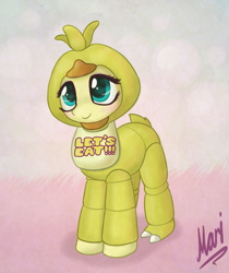 Size: 925x1102 | Tagged: safe, artist:marindashy, character:fluttershy, chica, chicashy, clothing, costume, cute, female, five nights at freddy's, nightmare night, parody, shyabetes, solo, weapons-grade cute