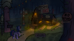 Size: 1920x1080 | Tagged: safe, artist:katsu, character:twilight sparkle, character:twilight sparkle (alicorn), species:alicorn, species:pony, crossover, dirt, female, grass, gravity falls, house, mare, mystery shack, solo, totem, wallpaper