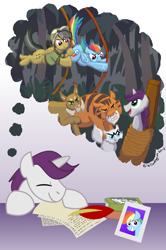 Size: 672x1012 | Tagged: safe, artist:bibliodragon, character:daring do, character:rainbow dash, character:written script, species:pegasus, species:pony, species:unicorn, ahuizotl's cats, animal, big cat, cat, dream, eyes closed, female, lynx, male, mare, rainbowscript, rescue, simple background, sleeping, stallion, tied up, tiger, writtendash