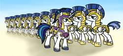 Size: 4300x1985 | Tagged: safe, artist:wolframclaws, character:shining armor, species:pegasus, species:pony, species:unicorn, armor, captain shining armor, gradient background, helmet, hoof shoes, inspection, line-up, male, royal guard, stallion
