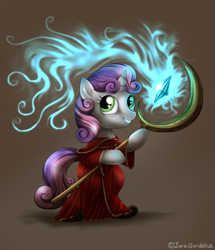 Size: 1143x1331 | Tagged: dead source, safe, artist:lova-gardelius, character:sweetie belle, species:pony, species:unicorn, bipedal, clothing, crystal, dexterous hooves, female, mage, magicka, robe, solo, staff, wizard