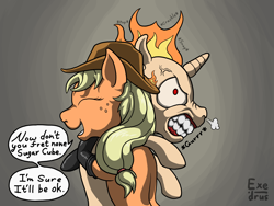 Size: 2048x1536 | Tagged: safe, artist:exedrus, character:applejack, character:twilight sparkle, angry, clothing, cowboy hat, eyes closed, fire, fireproof boots, gritted teeth, growling, hat, hug, it'll be ok, meme, open mouth, rage, rage face, rapidash, rapidash twilight, smiling, snorting, stetson, wide eyes