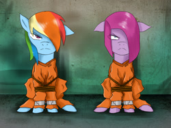 Size: 2139x1604 | Tagged: safe, artist:mlj-lucarias, character:pinkamena diane pie, character:pinkie pie, character:rainbow dash, clothing, prison outfit, prisoner pp, prisoner rd, shackles