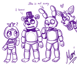 Size: 1280x1078 | Tagged: safe, artist:marindashy, character:fluttershy, bonnie, chica, chicashy, clothing, costume, five nights at freddy's, foxy, freddy fazbear, heart
