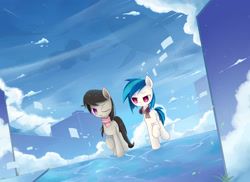 Size: 2600x1895 | Tagged: safe, artist:cyanaeolin, character:dj pon-3, character:octavia melody, character:vinyl scratch, sky