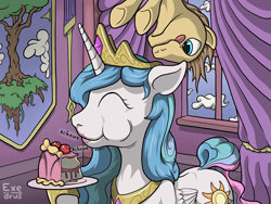 Size: 2048x1536 | Tagged: safe, artist:exedrus, character:princess celestia, blep, cake, cakelestia, chewing, crown, eating, eyes closed, happy, indoors, puffy cheeks, regalia, smiling, stealing, tongue out, underhoof, upside down