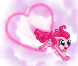Size: 700x592 | Tagged: safe, artist:shinepawpony, character:pinkie pie, species:pegasus, species:pony, flying, heart, hilarious in hindsight, pegasus pinkie pie, race swap, sonic xboom