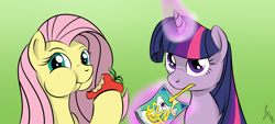 Size: 2000x900 | Tagged: safe, artist:sonicrainboom93, character:fluttershy, character:princess celestia, character:twilight sparkle, apple, eating, juice, juice box, magic