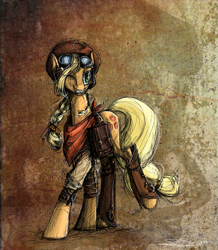 Size: 603x691 | Tagged: safe, artist:nastylady, character:applejack, species:earth pony, species:pony, abstract background, bandana, clothing, female, goggles, mare, one eye closed, saddle bag, smiling, solo, steampunk