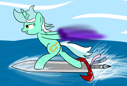 Size: 1925x1299 | Tagged: safe, artist:alexstrazse, character:lyra heartstrings, female, magic, solo, surfing, sword, water