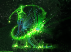 Size: 2379x1748 | Tagged: safe, artist:nastylady, character:queen chrysalis, species:changeling, changeling queen, fangs, female, fire, glowing horn, magic, signature, smiling, solo, standing, wings
