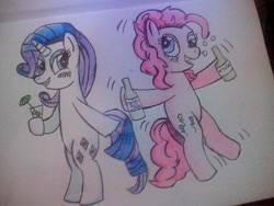 Size: 1024x768 | Tagged: safe, artist:katequantum, character:pinkie pie, character:rarity, drunk, drunk rarity, drunkie pie, traditional art