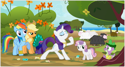 Size: 9000x4858 | Tagged: safe, artist:xenoneal, character:applejack, character:rainbow dash, character:rarity, character:scootaloo, character:spike, character:sweetie belle, species:pegasus, species:pony, species:sheep, .svg available, absurd resolution, fine art parody, golden apple, peacock, the judgement of paris, vector