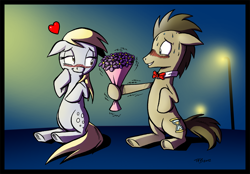 Size: 1280x893 | Tagged: safe, artist:tobibrocki, character:derpy hooves, character:doctor whooves, character:time turner, species:earth pony, species:pegasus, species:pony, ship:doctorderpy, bouquet, female, flower, hoof hold, male, mare, shipping, stallion, straight