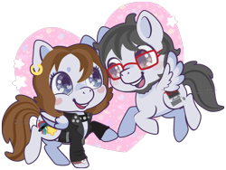 Size: 738x555 | Tagged: safe, artist:miss-glitter, oc, oc only, species:pegasus, species:pony, beard, blushing, clothing, collar, earring, facial hair, female, flying, freckles, glasses, jacket, male, mare, stallion, watch
