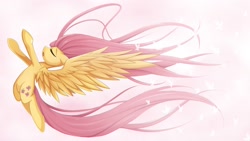 Size: 1500x844 | Tagged: safe, artist:jinzhan, character:fluttershy, species:pegasus, species:pony, big wings, eyes closed, female, flying, long mane, long tail, mare, pretty, solo, windswept mane