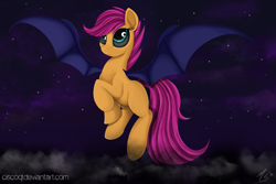 Size: 1024x683 | Tagged: safe, artist:ciscoql, character:scootaloo, species:bat pony, species:pegasus, species:pony, bat ponified, female, race swap, scootabat, solo, student of the night