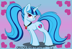 Size: 2525x1729 | Tagged: safe, artist:ciscoql, character:sonata dusk, species:pony, species:unicorn, equestria girls:rainbow rocks, g4, my little pony: equestria girls, my little pony:equestria girls, :3, bedroom eyes, cute, equestria girls ponified, female, heart, horn, long mane, looking at you, ponified, ponytail, smiling, solo