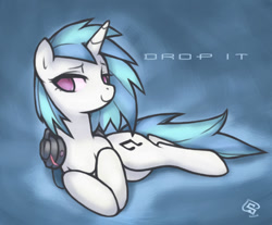 Size: 798x660 | Tagged: dead source, safe, artist:soulspade, character:dj pon-3, character:vinyl scratch, female, headphones, looking over shoulder, lying down, prone, solo
