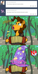 Size: 1280x2456 | Tagged: safe, artist:grandpalove, character:cheese sandwich, accordion, ask trixie and cheese, comic, magic, musical instrument, telekinesis, trixie's hat, tumblr
