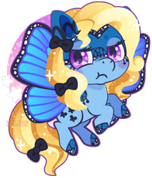 Size: 462x542 | Tagged: safe, artist:miss-glitter, oc, oc only, species:pony, bow, butterfly, female, flying, mare, solo