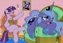 Size: 1715x1190 | Tagged: safe, artist:aoi takayuki, artist:whitecloud72988, character:nightmare moon, character:princess luna, character:twilight sparkle, couch, crossed hooves, glasses, hair bun, high heels, psychiatrist, roleplaying, shoes, sitting, therapist, twilight's professional glasses