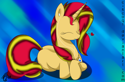 Size: 900x590 | Tagged: safe, artist:ciscoql, character:sunset shimmer, species:pony, species:unicorn, eyes closed, female, headphones, heart, lying down, mp3 player, solo