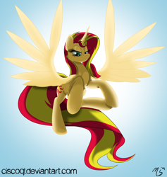 Size: 1280x1349 | Tagged: safe, artist:ciscoql, character:sunset shimmer, species:alicorn, species:pony, alicornified, female, race swap, shimmercorn, simple background, sky, solo