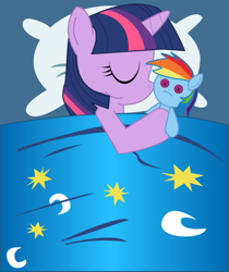 Size: 437x521 | Tagged: safe, artist:sonic-chaos, character:rainbow dash, character:twilight sparkle, ship:twidash, bed, female, lesbian, plushie, shipping, sleeping
