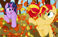 Size: 900x579 | Tagged: safe, artist:ciscoql, character:sunset shimmer, character:twilight sparkle, character:twilight sparkle (alicorn), species:alicorn, species:pony, species:unicorn, autumn, leaves, running of the leaves