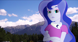 Size: 1840x1000 | Tagged: safe, artist:nero-narmeril, character:princess luna, character:vice principal luna, my little pony:equestria girls, blue sky, cloud, crossed arms, equestria girls in real life, irl, mountain, photo, solo, tree, vector, vice principal luna