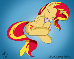 Size: 900x721 | Tagged: safe, artist:ciscoql, character:princess celestia, character:sunset shimmer, species:pony, species:unicorn, cuddling, cute, female, homesick shimmer, plushie, shimmerbetes, snuggling