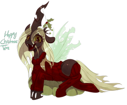 Size: 1280x1062 | Tagged: safe, artist:carligercarl, character:queen chrysalis, species:changeling, brown changeling, christmas, christmas changeling, clothing, female, holly, holly mistaken for mistletoe, horn, pillow, socks, solo, sweater, wings