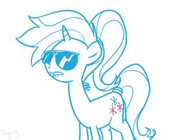 Size: 642x522 | Tagged: safe, artist:nyerpy, character:allie way, species:pony, species:unicorn, ask allie way, dat butt, female, lip bite, mare, meme, monochrome, solo, sunglasses, tail wrap