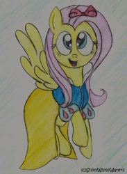 Size: 400x546 | Tagged: safe, artist:sketch-shepherd, character:fluttershy, bow, clothing, cosplay, costume, disney, disney princess, dress, female, ribbon, snow white, solo, traditional art