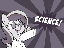 Size: 1280x960 | Tagged: safe, artist:iraincloud, character:princess cadance, moonstuck, clothing, cute, female, glasses, lab coat, monochrome, open mouth, pointing, science, science woona, smiling, solo