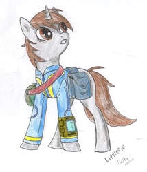 Size: 1280x1497 | Tagged: safe, artist:cloud-up, oc, oc only, oc:littlepip, species:pony, species:unicorn, fallout equestria, clothing, explicit source, fanfic, fanfic art, female, mare, pipbuck, simple background, solo, traditional art, vault suit, white background