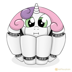 Size: 1200x1200 | Tagged: safe, artist:muffinexplosion, character:sweetie belle, species:pony, species:unicorn, sweetie bot, female, filly, foal, hooves, horn, looking at you, morph ball, robot, robot pony, simple background, solo, sphere, sweetie ball, white background