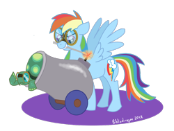 Size: 910x689 | Tagged: safe, artist:bibliodragon, character:rainbow dash, character:tank, cannon, goggles