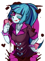 Size: 452x620 | Tagged: safe, artist:hisshi shoujo, character:sonata dusk, my little pony:equestria girls, blep, blush sticker, blushing, chocolate, eating, female, heart, pixiv, solo, tongue out, wink, winking at you