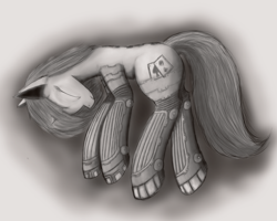 Size: 2500x2000 | Tagged: safe, artist:pantzar, oc, oc only, oc:blackjack, species:pony, species:unicorn, fallout equestria, fallout equestria: project horizons, black and white, cyborg, eyes closed, fanfic, fanfic art, female, grayscale, high res, hooves, horn, level 2 (project horizons), mare, monochrome, solo