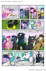 Size: 792x1224 | Tagged: safe, artist:donzatch, character:applejack, character:princess celestia, character:queen chrysalis, character:rarity, character:twilight sparkle, character:twilight sparkle (alicorn), species:alicorn, species:changeling, species:pony, comic:tale of twilight, comic, evil grin, female, grimdark series, mare